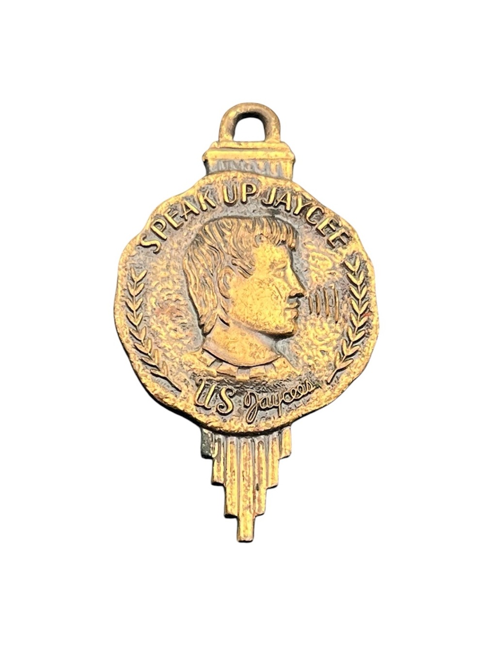 Jaycees "Speak Up" man’s silhouette gold tone key shaped pendant for necklace